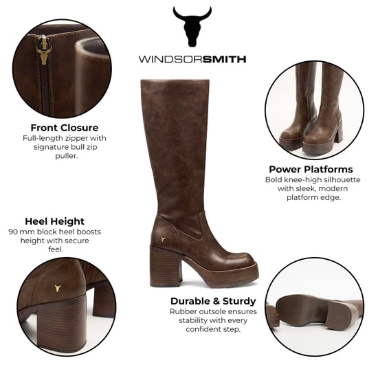 Botas Windsorsmith de piel sintética marrón roble con plataforma hasta la rodilla para mujer - Niche - Image 2