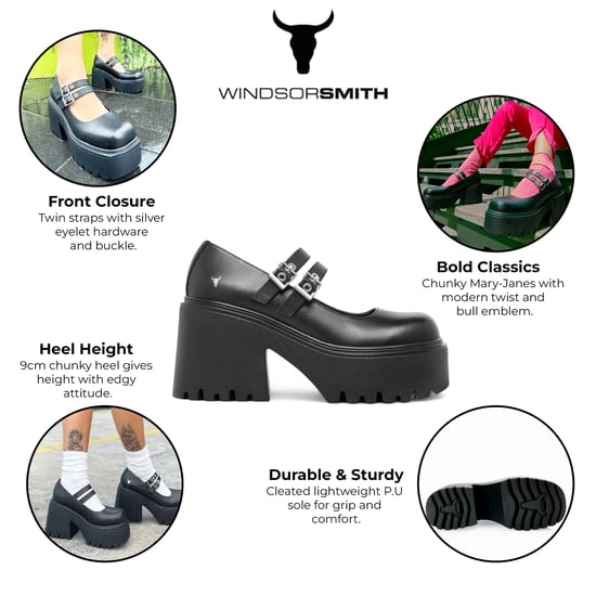 Zapatos Windsorsmith de piel negra con plataforma gruesa y tacón Mary Jane para mujer - Lessons - Image 2