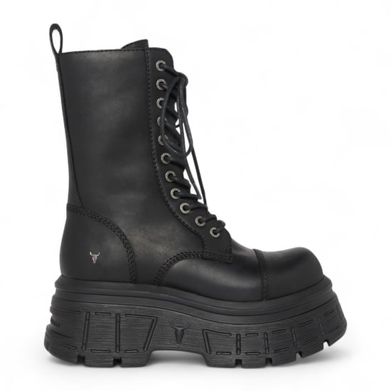 Botas militares Windsorsmith de cuero negro de media caña con plataforma para mujer - Screaming - Image 1