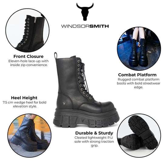 Botas militares Windsorsmith de cuero negro de media caña con plataforma para mujer - Screaming - Image 2