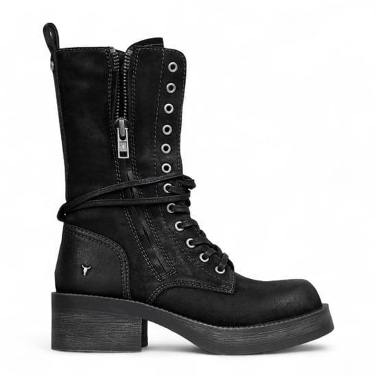 Botas de combate Windsorsmith de ante negro para mujer, zapatos moteros de media caña con cordones - Gather - Image 1