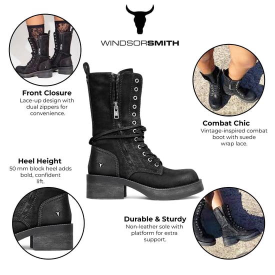 Botas de combate Windsorsmith de ante negro para mujer, zapatos moteros de media caña con cordones - Gather - Image 2