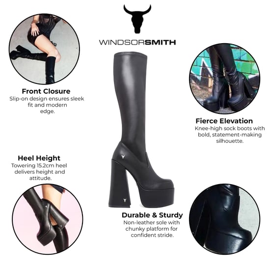 Botas negras Windsorsmith de tacón gótico hasta la rodilla con plataforma tipo calcetín para mujer - Survival - Image 2