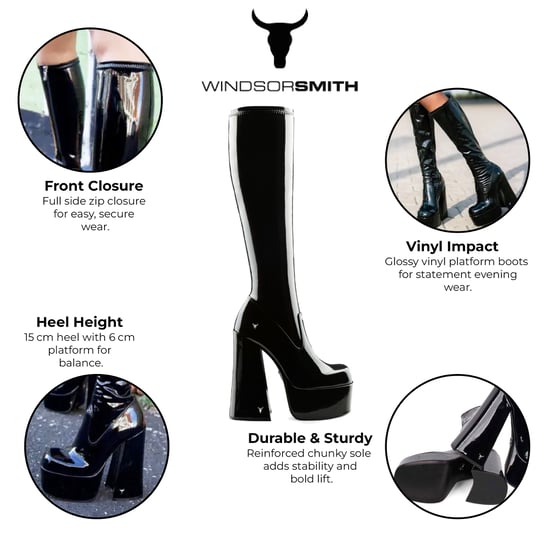 Botas negras Windsorsmith de tacón gótico hasta la rodilla con plataforma tipo calcetín para mujer - Saucy - Image 2