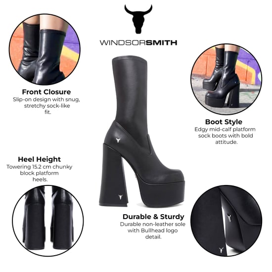 Botas negras de tacón gótico Windsorsmith para mujer, con plataforma y calcetín, de media caña - Saviour - Image 2