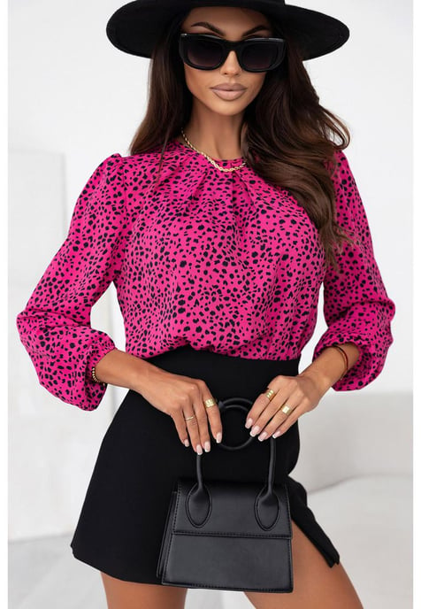 Blusa de mujer con cuello redondo, mangas globo y estampado de leopardo - Image 1