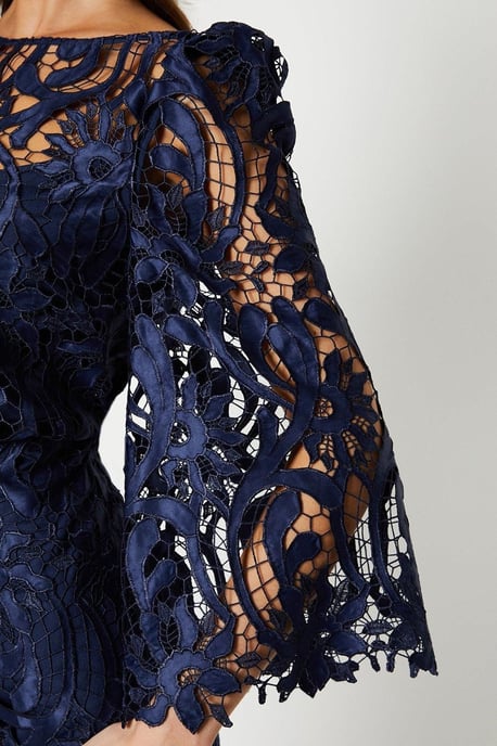 Satin Lace Boat Neck Midi Dress With Fluted Sleeve - Image 2