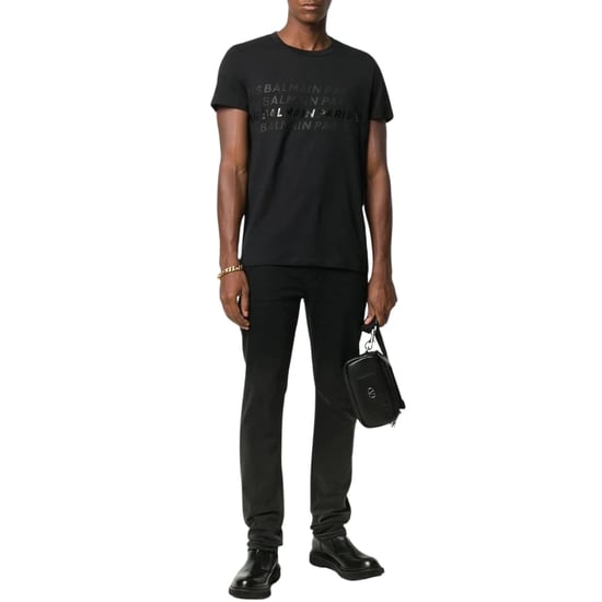 Camiseta Negra Con Logotipos Múltiples De Balmain Paris - Image 2