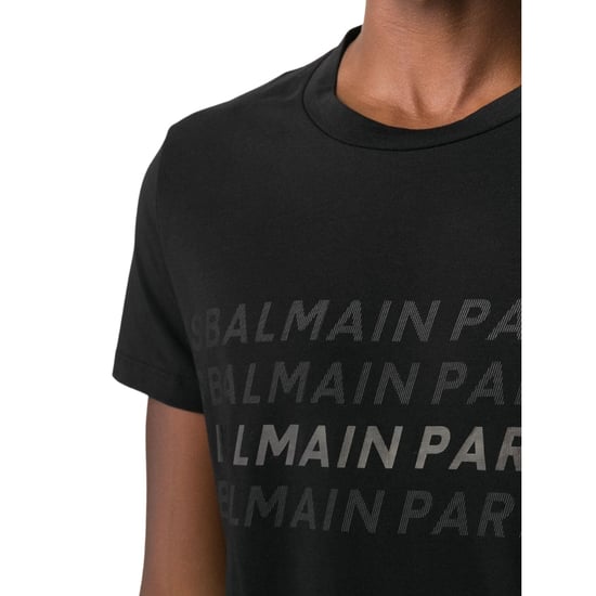 Camiseta Negra Con Logotipos Múltiples De Balmain Paris - Image 4