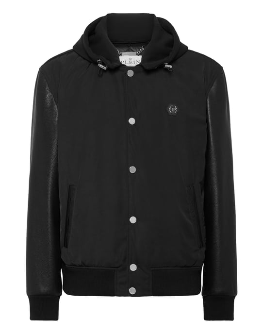 Nylon & Leather Varsity Bomber Hooded Jacket - Image 1