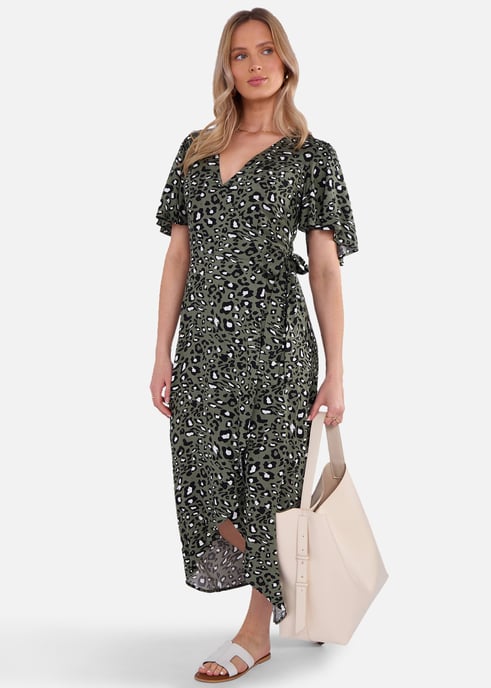 Vestido midi de viscosa con estampado animal caqui - Image 3