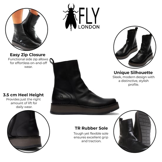 Botines cómodos de plataforma con cremallera y tacón de aguja negro RENO053FLY de Fly London para mujer - Image 2