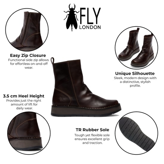 Botines Fly London RENO053FLY de piel marrón oscuro con plataforma y cremallera para mujer - Image 2