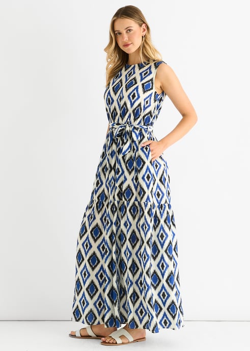 Vestido midaxi azul con estampado geométrico y cintura elástica - Image 3