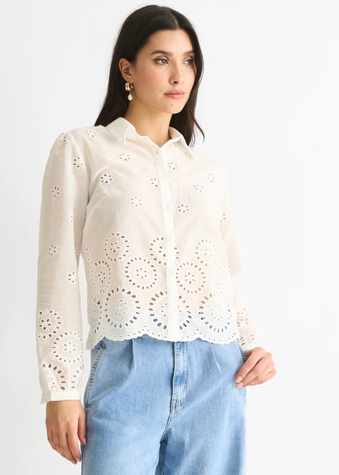 Camisa blanca de algodón Broderie Scallop Boxy - Image 3