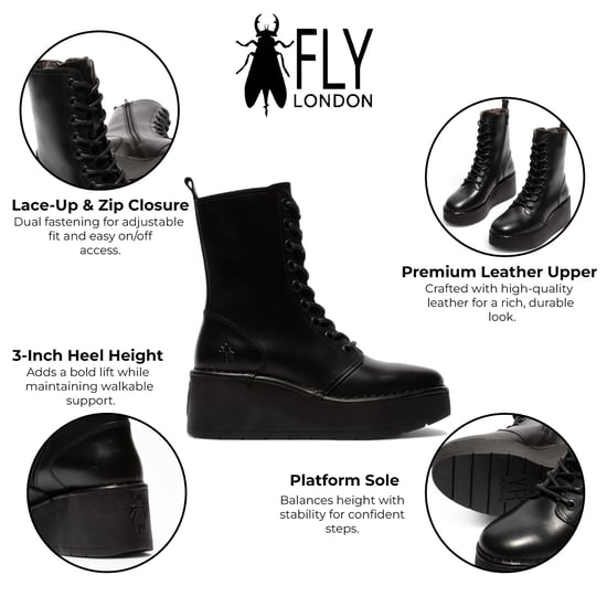 Botines de plataforma gruesa con cordones de cuero negro HAIT273 de Fly London para mujer - Image 2