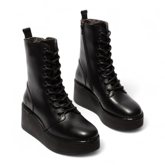 Botines de plataforma gruesa con cordones de cuero negro HAIT273 de Fly London para mujer - Image 3