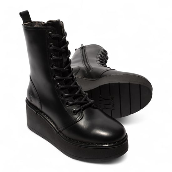 Botines de plataforma gruesa con cordones de cuero negro HAIT273 de Fly London para mujer - Image 5