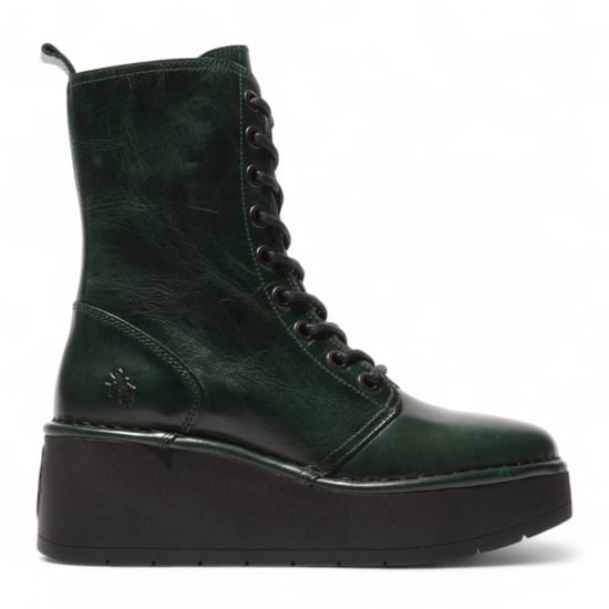 Botines de plataforma gruesa con cordones de cuero verde petróleo HAIT273 de Fly London para mujer - Image 1