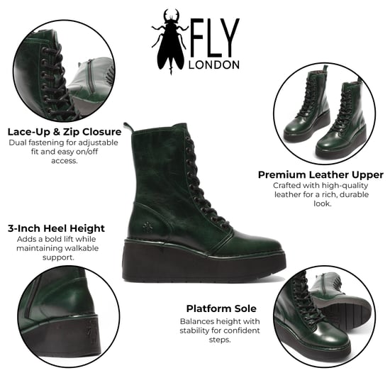 Botines de plataforma gruesa con cordones de cuero verde petróleo HAIT273 de Fly London para mujer - Image 2
