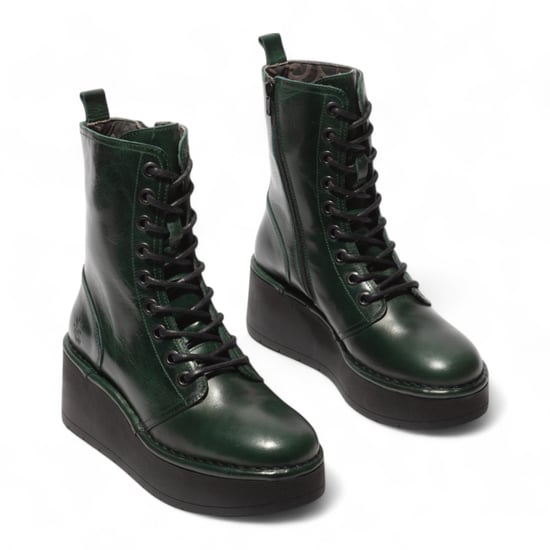 Botines de plataforma gruesa con cordones de cuero verde petróleo HAIT273 de Fly London para mujer - Image 3