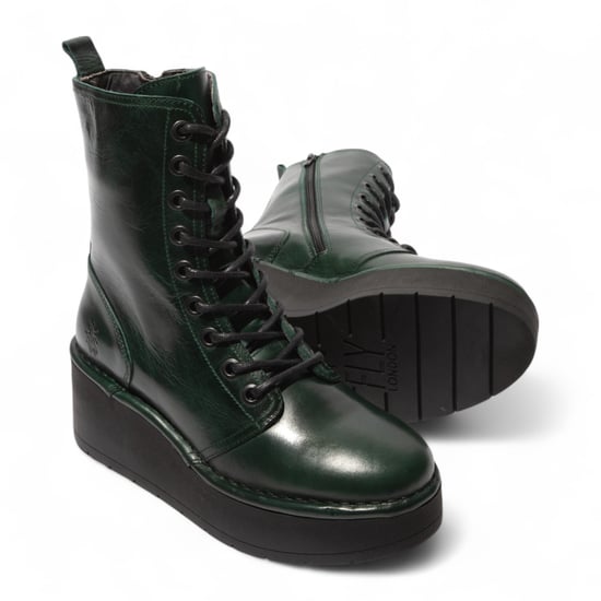 Botines de plataforma gruesa con cordones de cuero verde petróleo HAIT273 de Fly London para mujer - Image 5