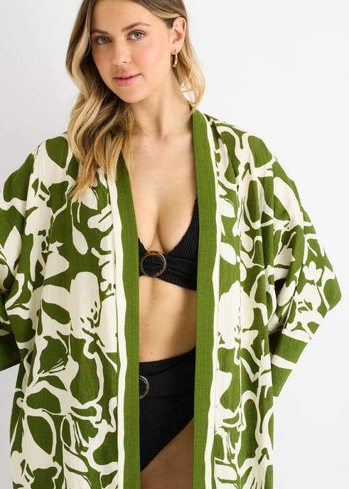 Kimono de playa negro con estampado de bordes veraniegos - Image 2