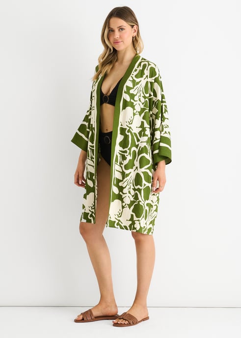 Kimono de playa negro con estampado de bordes veraniegos - Image 3