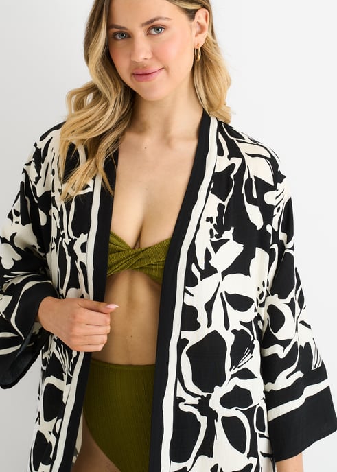 Kimono de playa negro con estampado de bordes veraniegos - Image 2