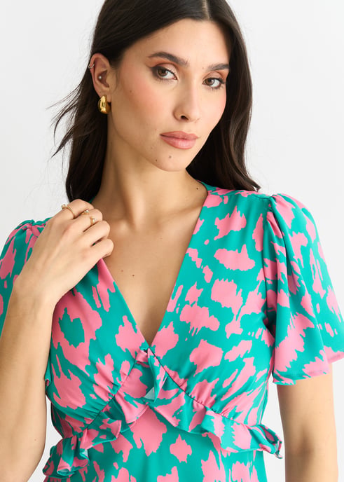 Vestido midi con volantes y cuello en V y estampado animal verde - Image 2