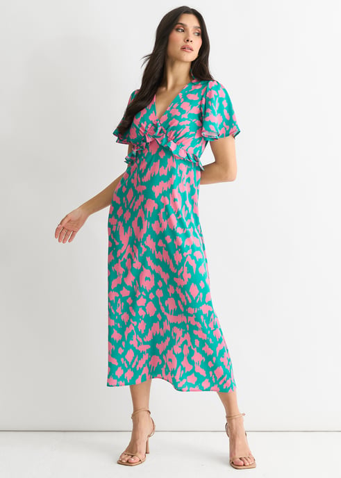 Vestido midi con volantes y cuello en V y estampado animal verde - Image 3