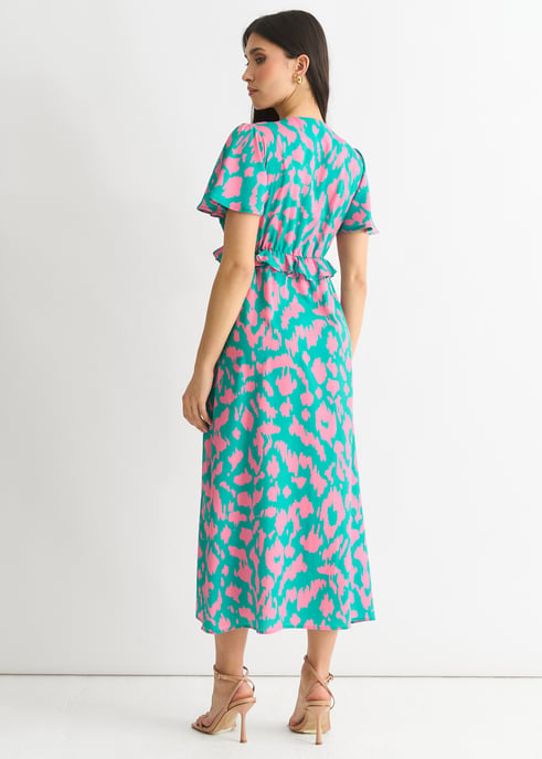 Vestido midi con volantes y cuello en V y estampado animal verde - Image 4