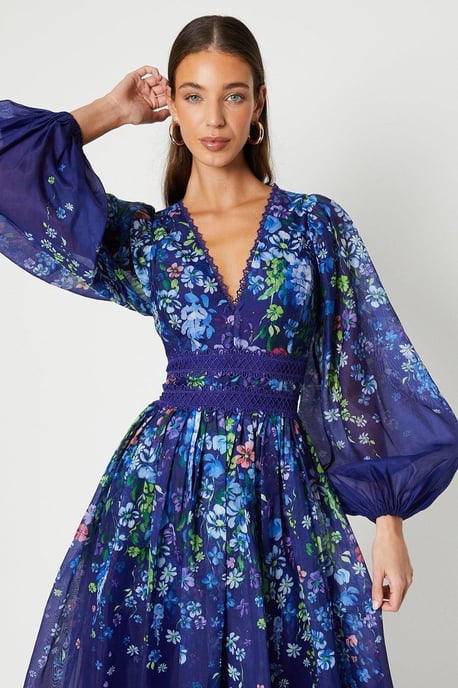 Organza Floral Placement Lace Trim Midaxi Dress - Image 4
