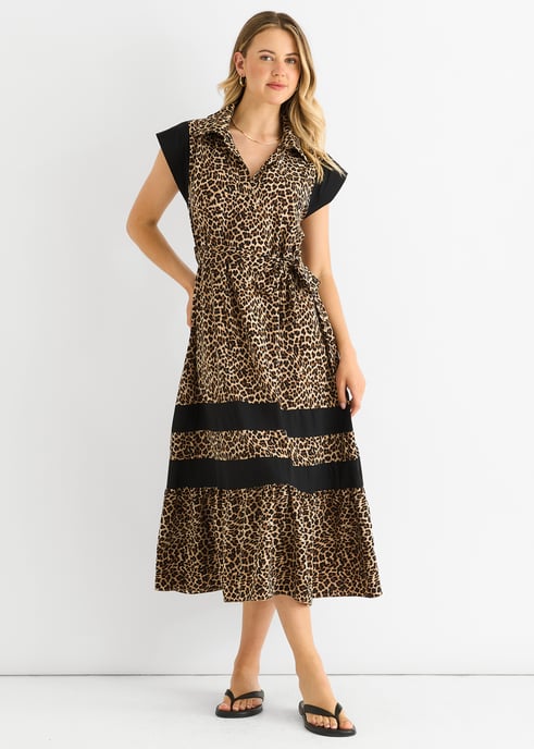 Vestido Smock Midi Marrón con Paneles de Contraste de Animales - Image 1