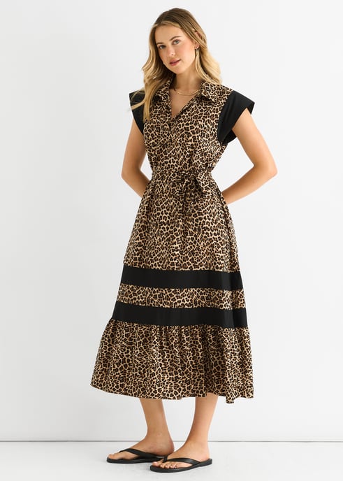 Vestido Smock Midi Marrón con Paneles de Contraste de Animales - Image 3