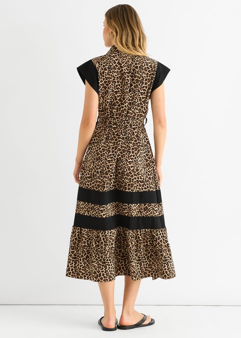 Vestido Smock Midi Marrón con Paneles de Contraste de Animales - Image 4