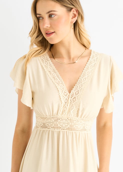 Vestido midi con cintura elástica y panel de encaje de ganchillo beige - Image 2