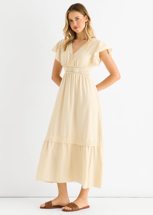 Vestido midi con cintura elástica y panel de encaje de ganchillo beige - Image 3