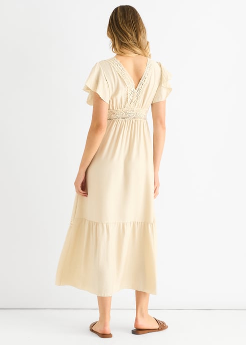 Vestido midi con cintura elástica y panel de encaje de ganchillo beige - Image 4