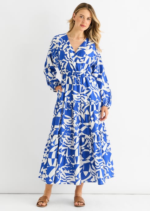 Blaues abstraktes Wickelkleid mit elastischer Taille Midaxi Kleid - Image 1