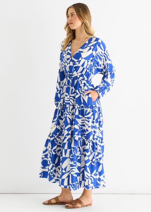 Blaues abstraktes Wickelkleid mit elastischer Taille Midaxi Kleid - Image 3