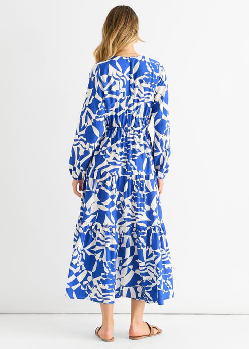 Blaues abstraktes Wickelkleid mit elastischer Taille Midaxi Kleid - Image 4