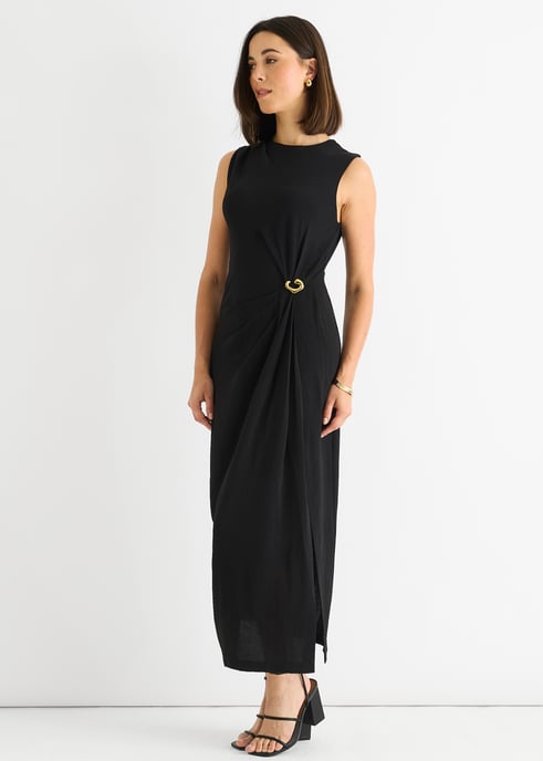 Vestido midi sin mangas negro con cintura fruncida y ribete metálico - Image 3