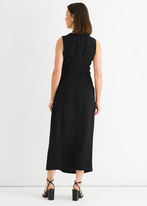 Vestido midi sin mangas negro con cintura fruncida y ribete metálico - Image 4