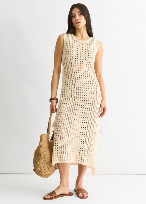 Vestido midi de punto de ganchillo beige - Image 1