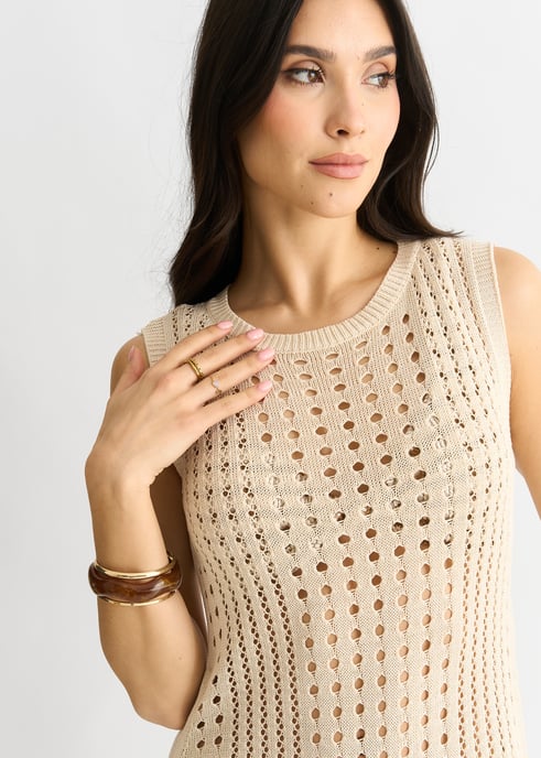 Vestido midi de punto de ganchillo beige - Image 2