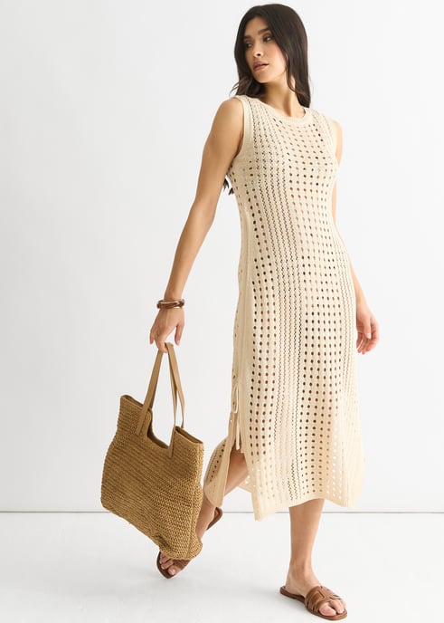 Vestido midi de punto de ganchillo beige - Image 3