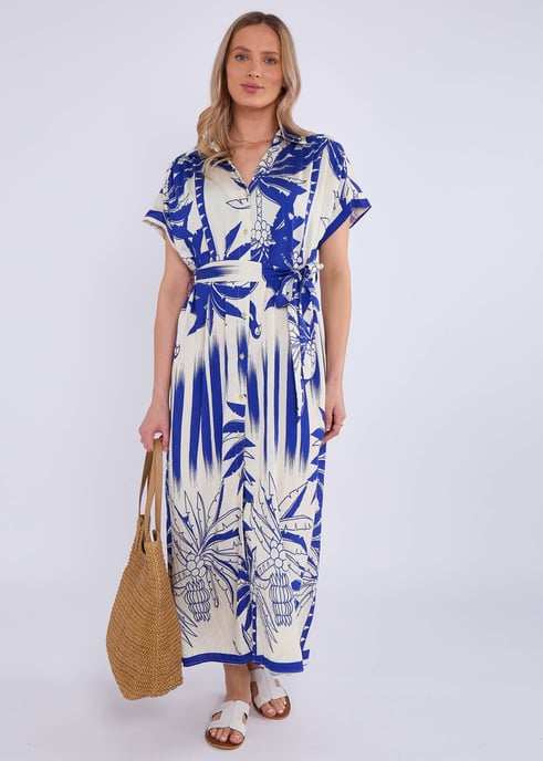 Vestido camisero azul con estampado tropical - Image 1