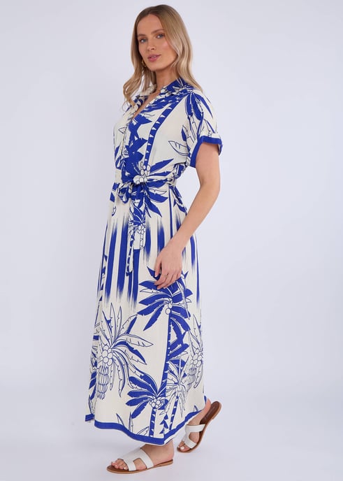 Vestido camisero azul con estampado tropical - Image 3