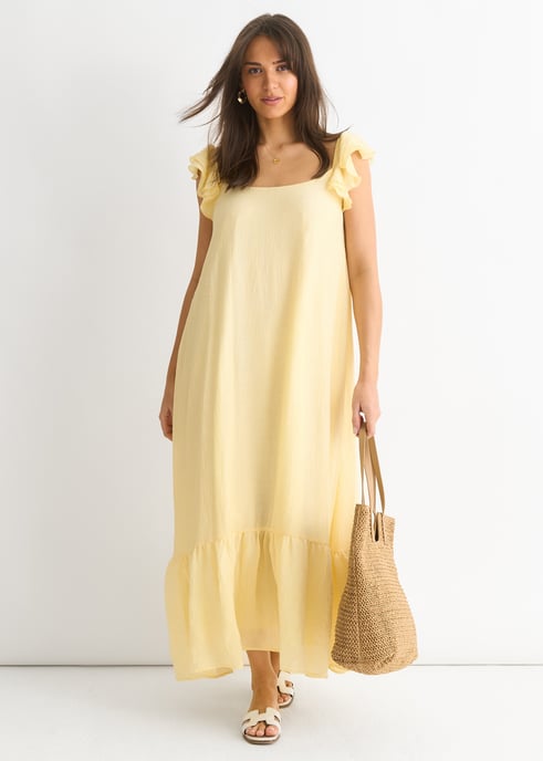 Maxi Vestido de Viscosa de Manga Corta con Volantes Limón - Image 1